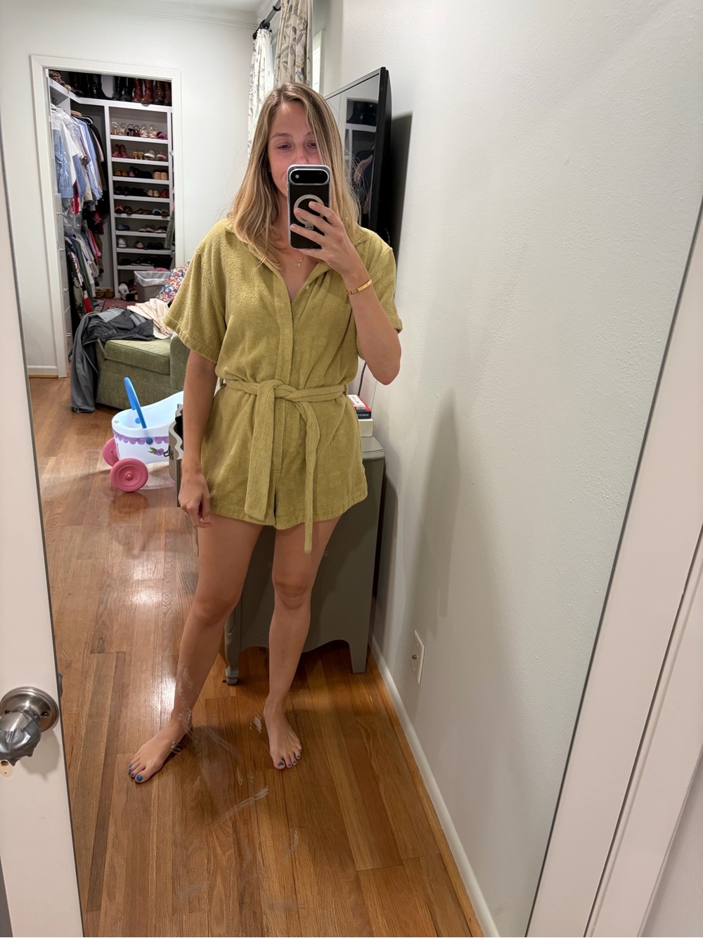 Terry Cloth Short Swim Coverup with Belt - Olive